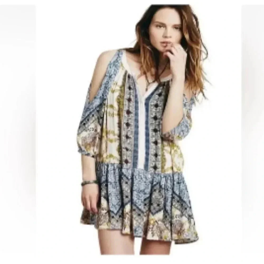 Free People Portobello Road Boho Cold Shoulder Tunic Mini Dress Womens s